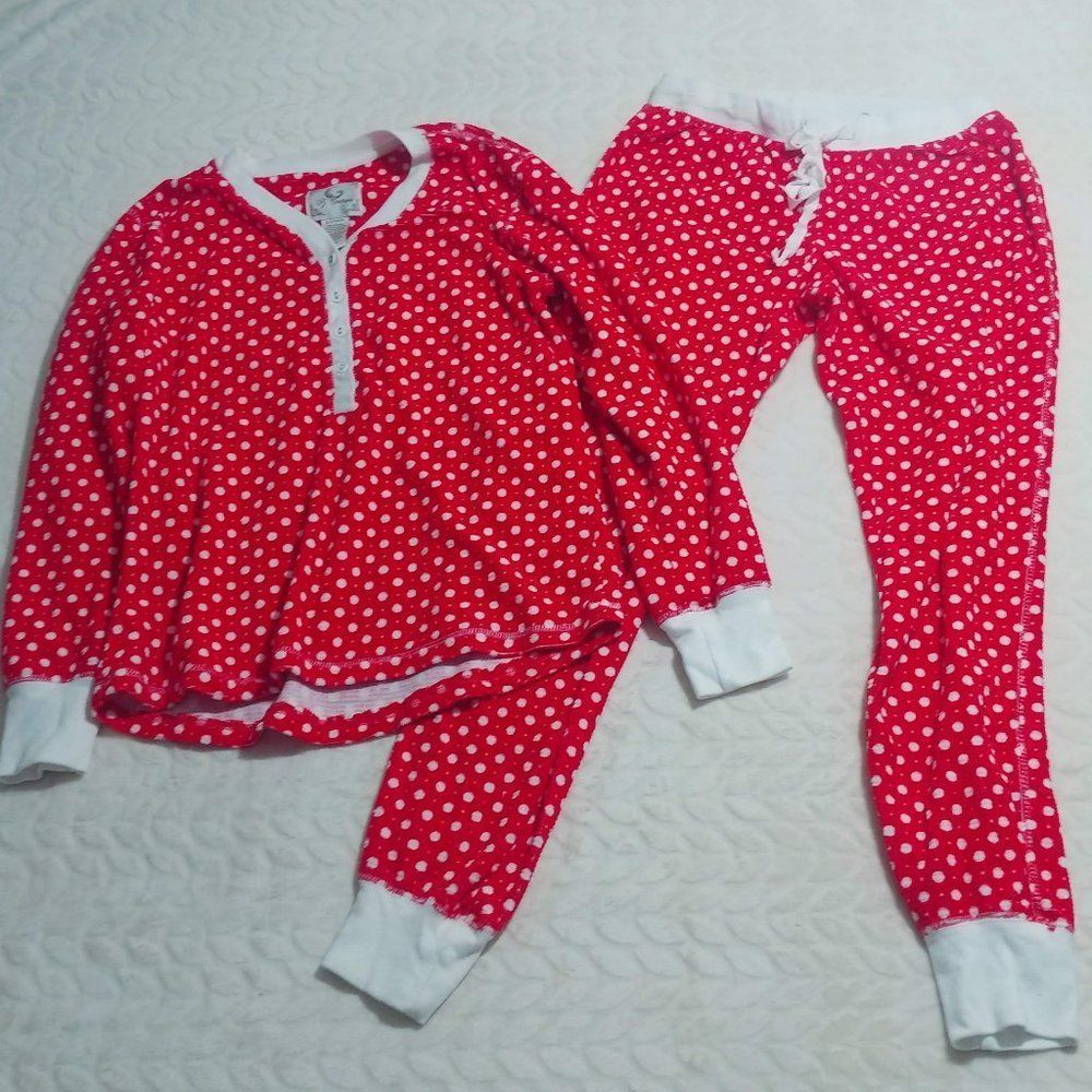 PJ Couture Womens Pajama Set Medium Red Light Fleece Henley Polka Dot Sleepwear